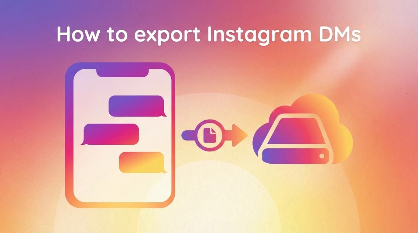 How to export Instagram DMs illustration with phone, documents, and cloud.